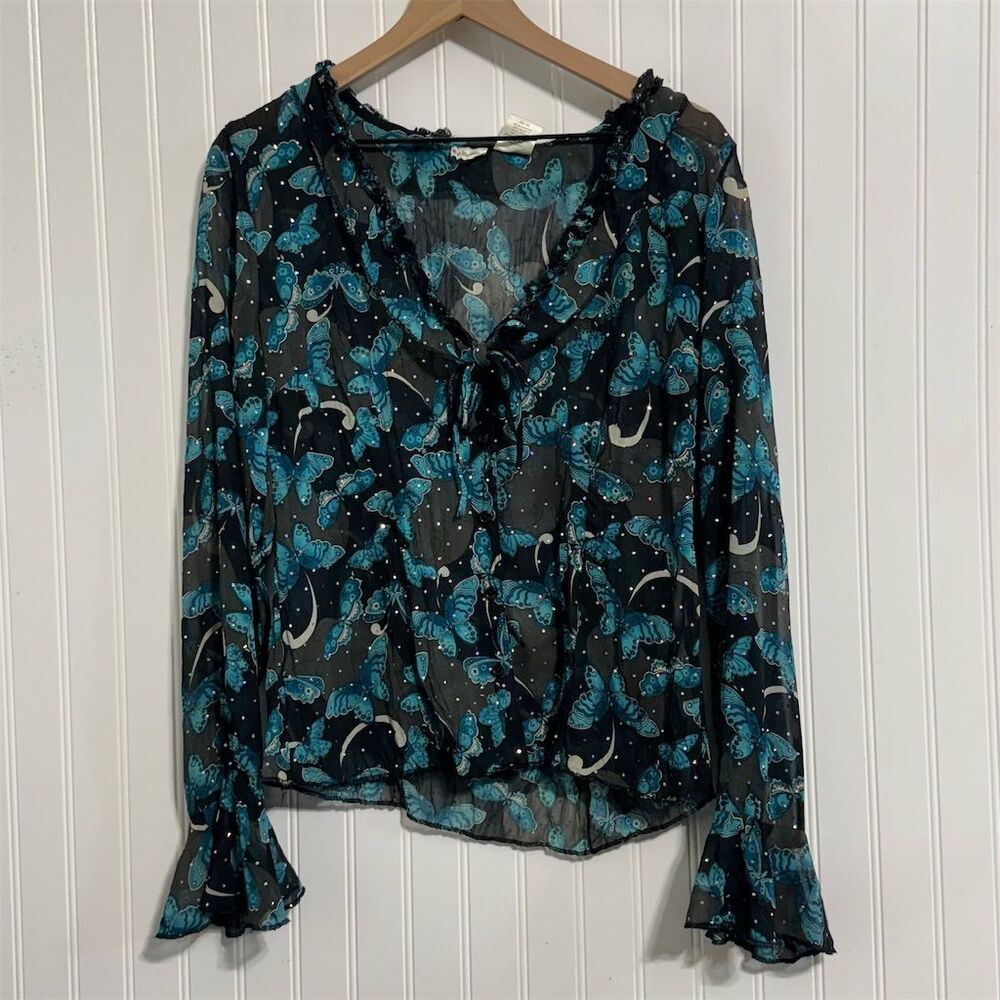 No Boundaries Juniors XL 15 Butterfly Mesh Top Ruffle Trim Y2K Sheer Teal Black